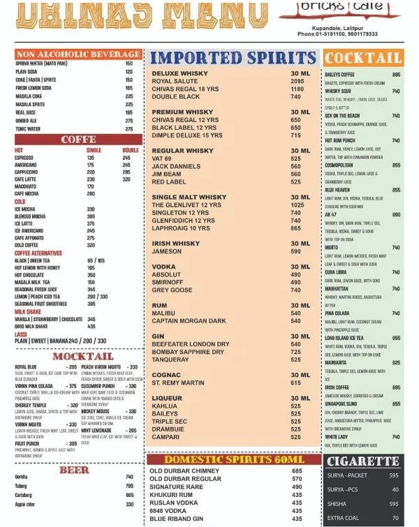 Bricks cafe Kupondole menu