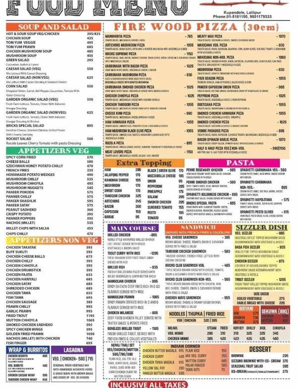 Bricks cafe menu