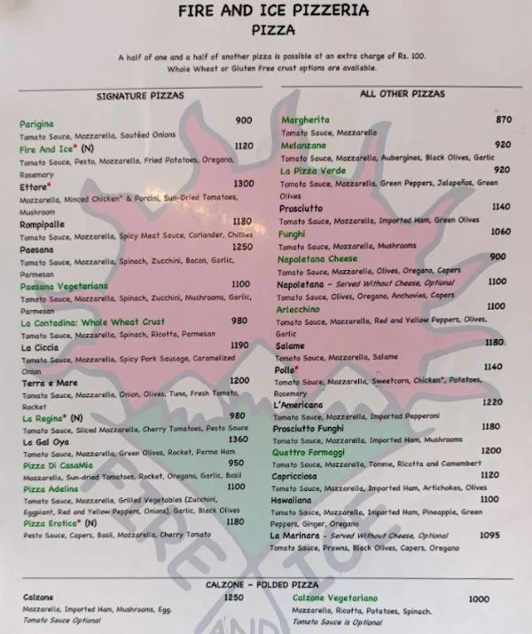 Fire and Ice Pizzeria Menu