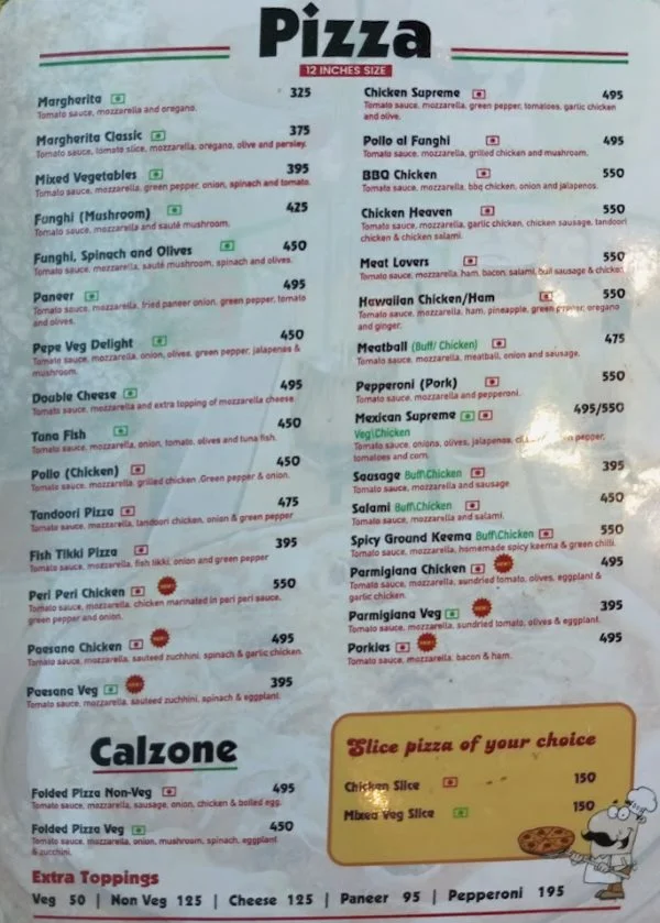 Pepe pizza menu